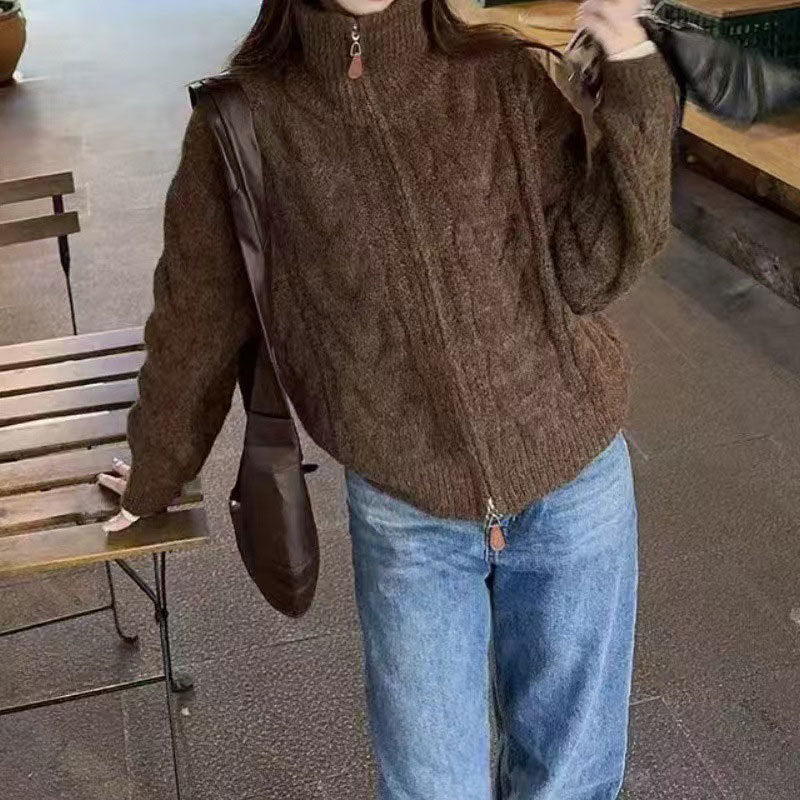 Damen Grobstrickpullover Hochkragen Dekorativer Reißverschluss