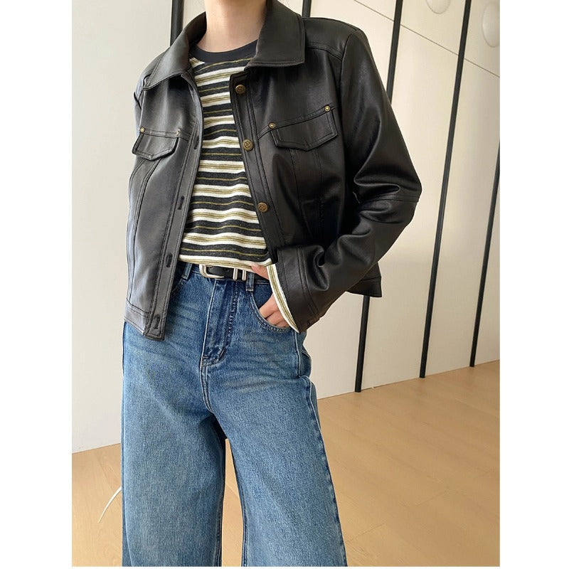 Damen Lederjacke Biker-Stil Kunstleder Doppelkragen