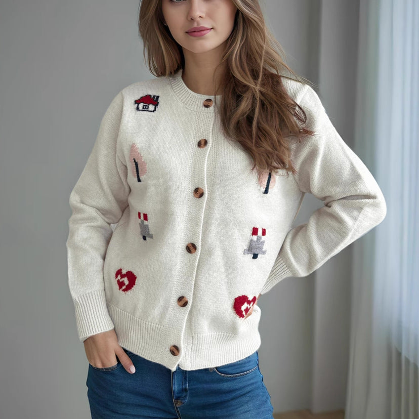 Damen Strickjacke Bunt Applikationen Knopfverschluss