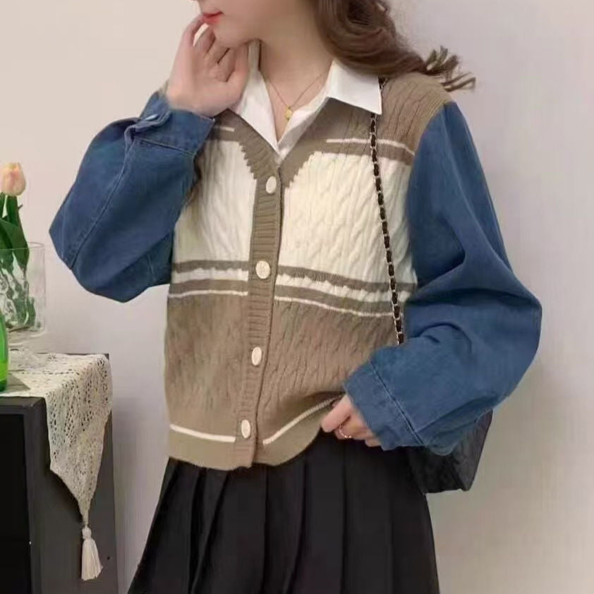 Damen Strickjacke mit Denim-Ärmeln Blau Eveloria