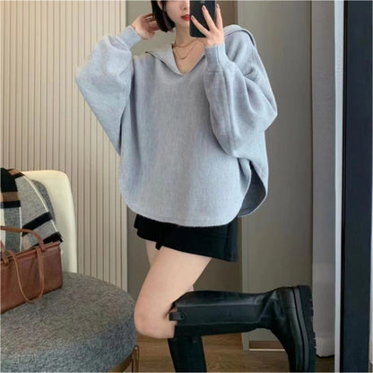 Damen Strickpullover Oversized V-Ausschnitt Kapuze Eveloria