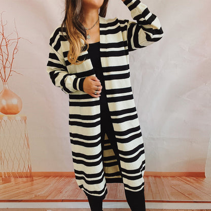 Damen Strickjacke Lang Gestreift Offener Schnitt