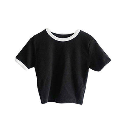 Damen T-Shirt Cropped Baumwolle Lässiger Schnitt Kontrastärmele