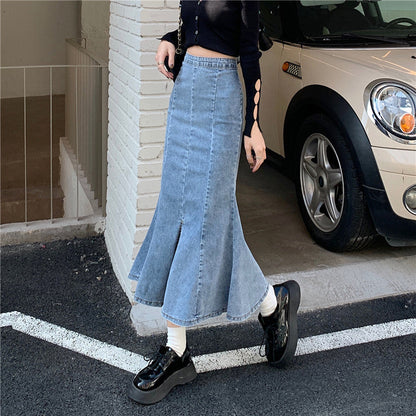 Damen Denim-Rock Flared mit hohem Schlitz Eveloria