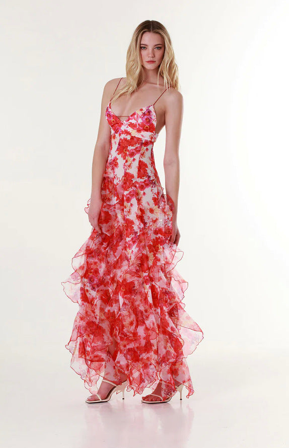 Damen Maxikleid Chiffon Fließend Rüschendetails Blumenmuster