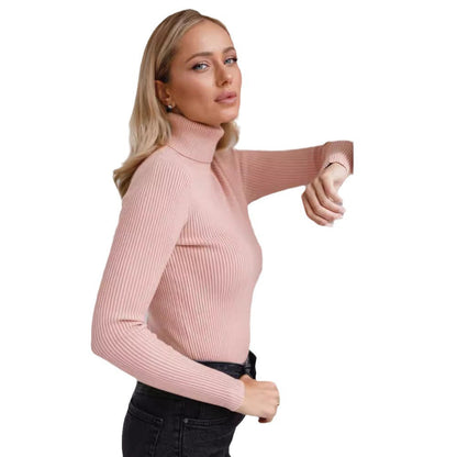 Damen Pullover Lang Hohler Kragen Feine Rippenstruktur Beige