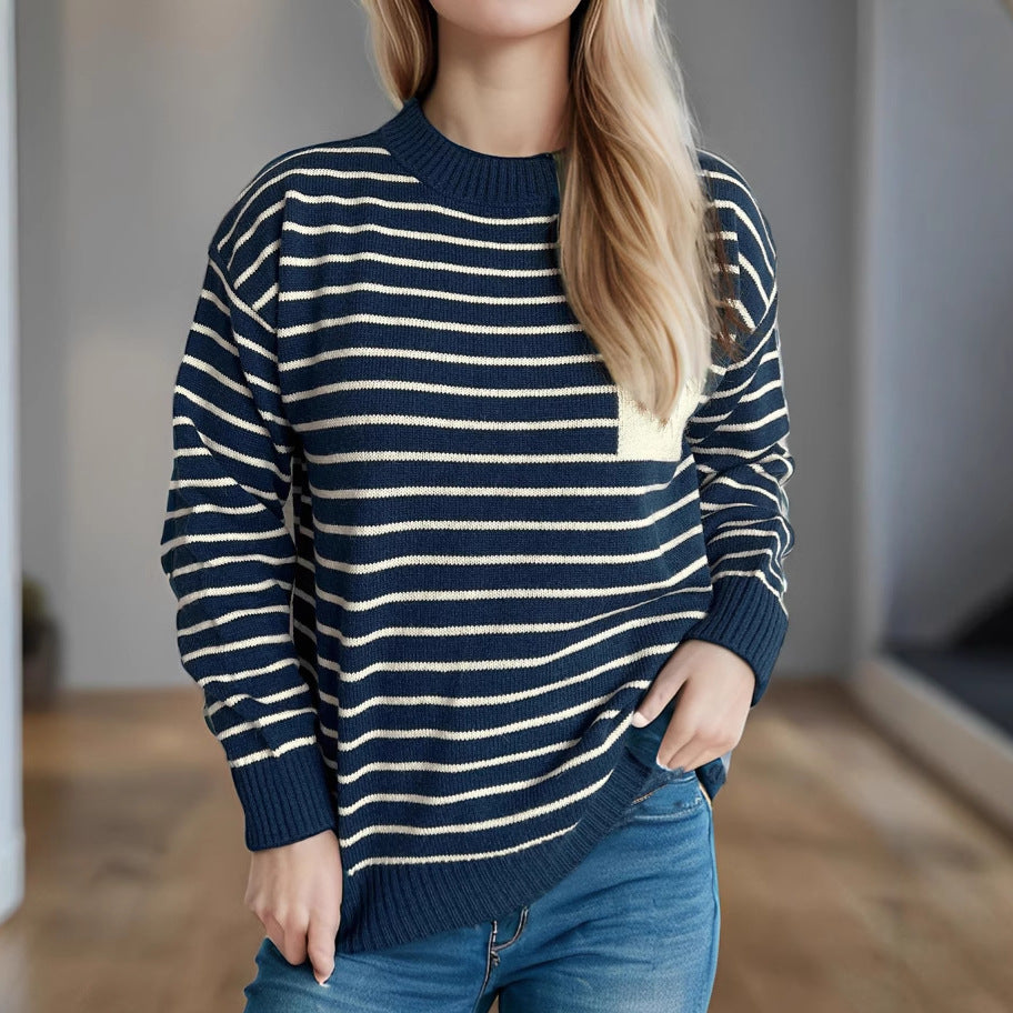 Damen Pullover Gestreift Lässig Breite Ärmel Grau Eveloria
