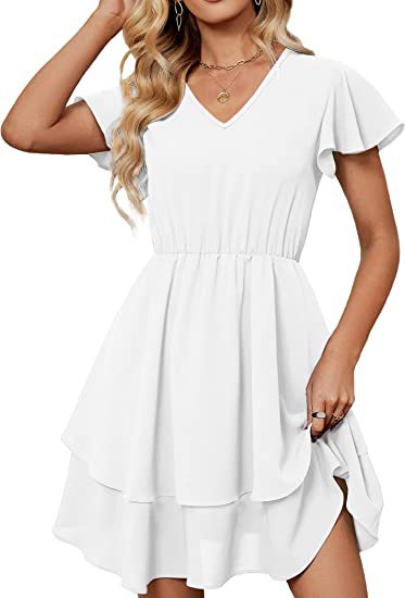 Damen Freizeitkleid Fließender Rock Rüschenärmel Eveloria