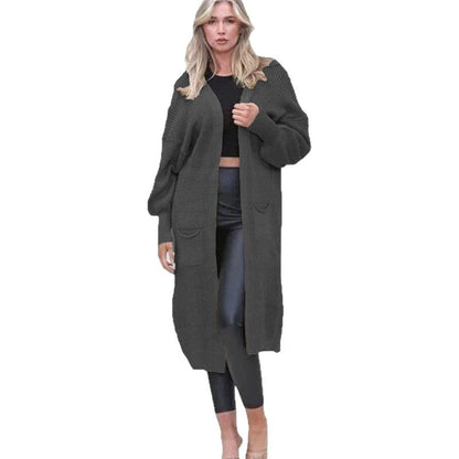 Damen Cardigan Grobstrick Offene Taschen Lässig Beige