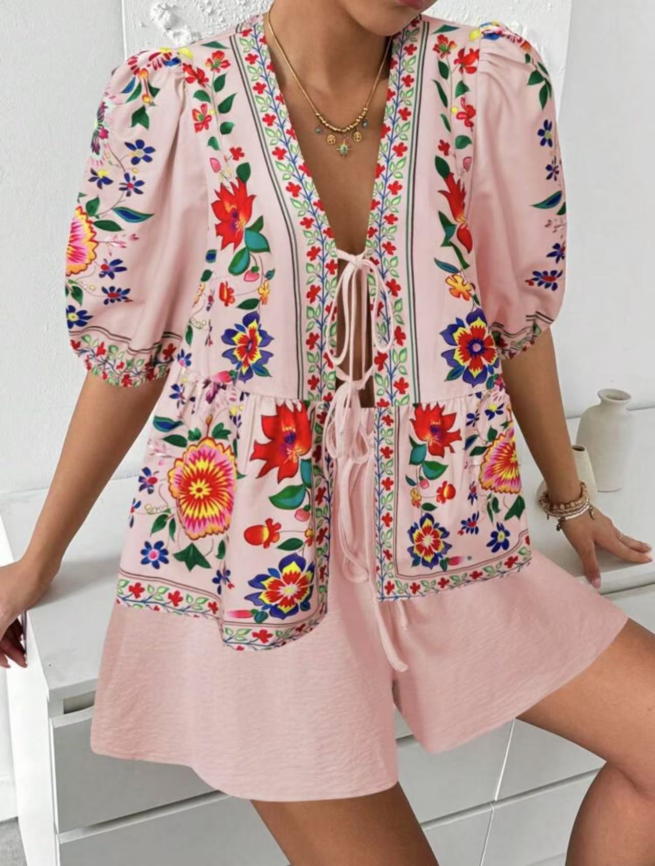Damen Blusenshirt Bunt Blumenmuster Locker Eveloria