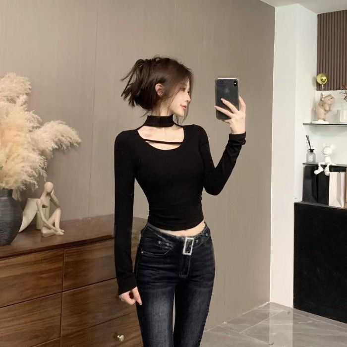 Damen Oberteil Langarm Cut-Out Halsausschnitt Höher Kragen
