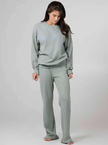 Damen Sweatshirt Waffelmuster Bequem Grau Eveloria