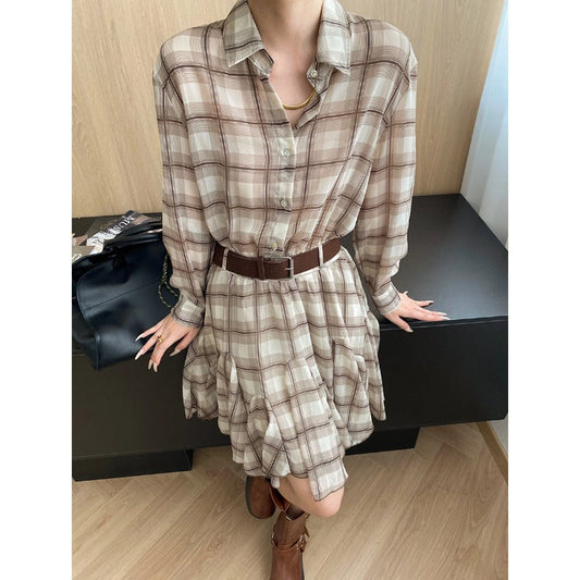 Damen Hemdblusenkleid Taillierbarer Gürtel Karomuster Eveloria - Eveloria