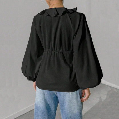 Damen Shirtjacke Bluse Ärmel Voluminös Rüschendetails Eveloria
