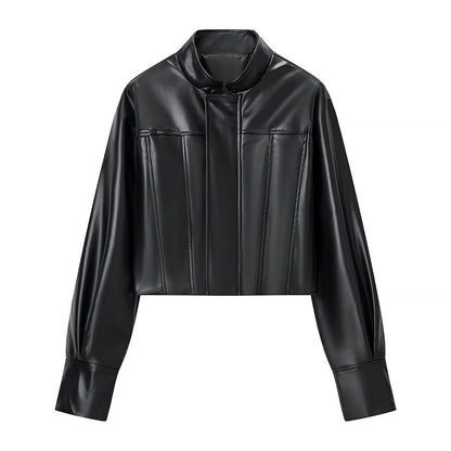 Damen Kunstlederjacke Stehkragen Strukturiert Eveloria