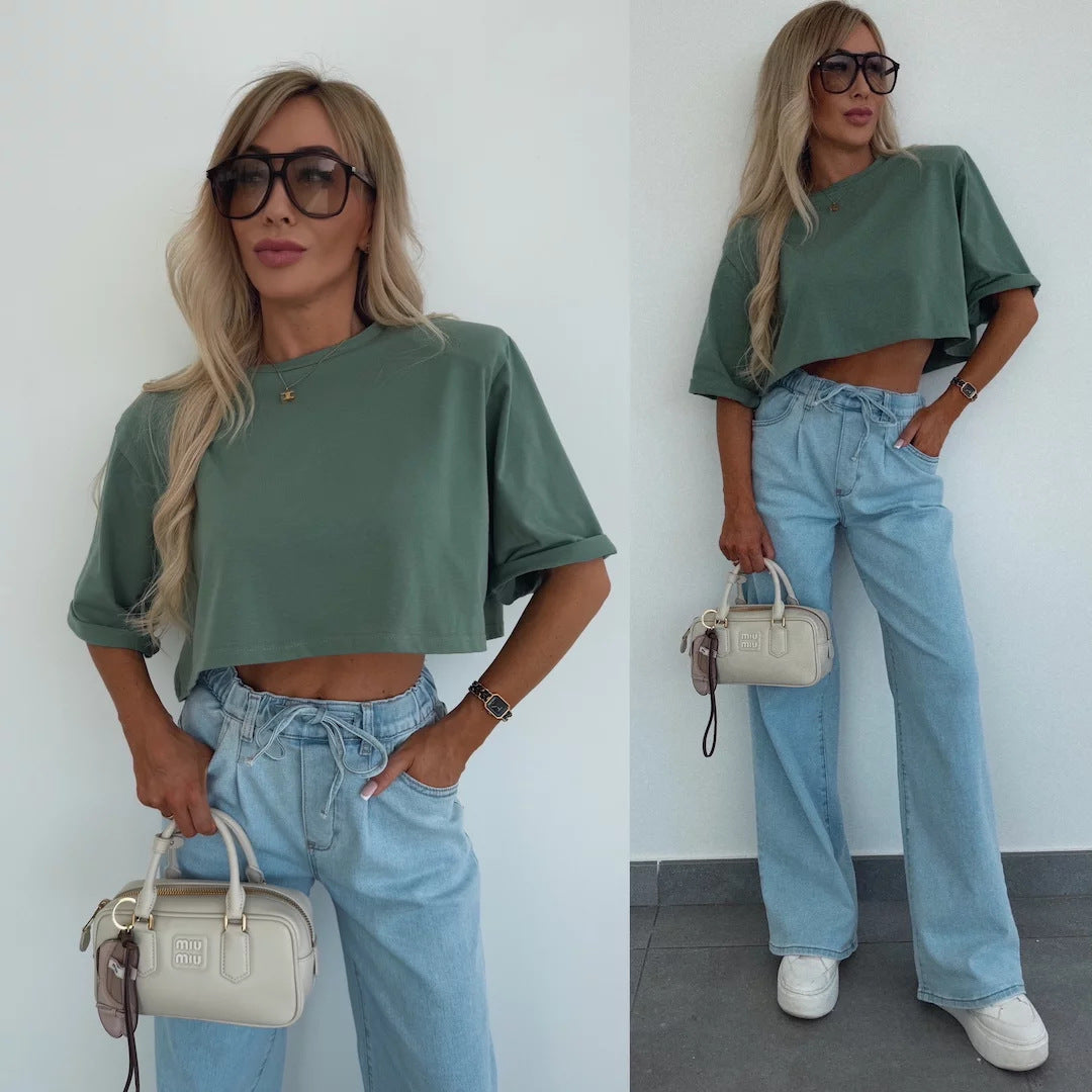 Damen Cropped T-Shirt Weite Ärmel Hochwertiges Material Eveloria