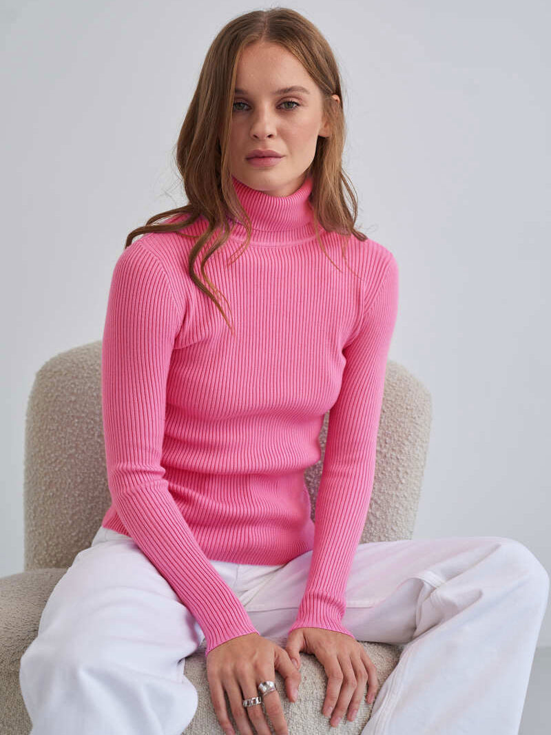 Damen Pullover Lang Hohler Kragen Feine Rippenstruktur Beige