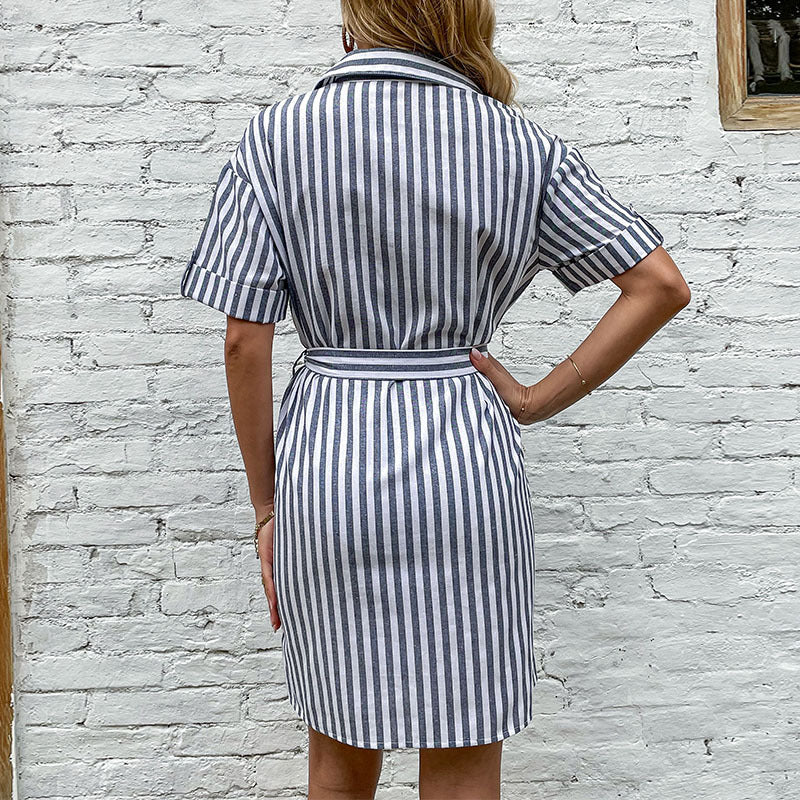 Damen Hemdblusenkleid mit Gürtel Streifenmuster Eveloria
