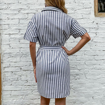 Damen Hemdblusenkleid mit Gürtel Streifenmuster Eveloria