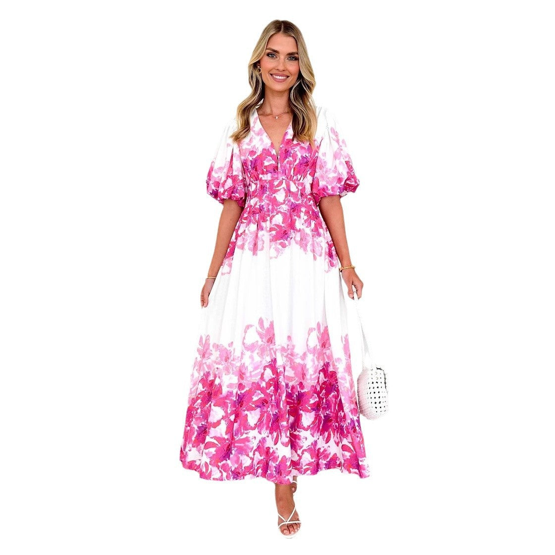 Damen Maxikleid Voluminöse Puffärmel Florales Design