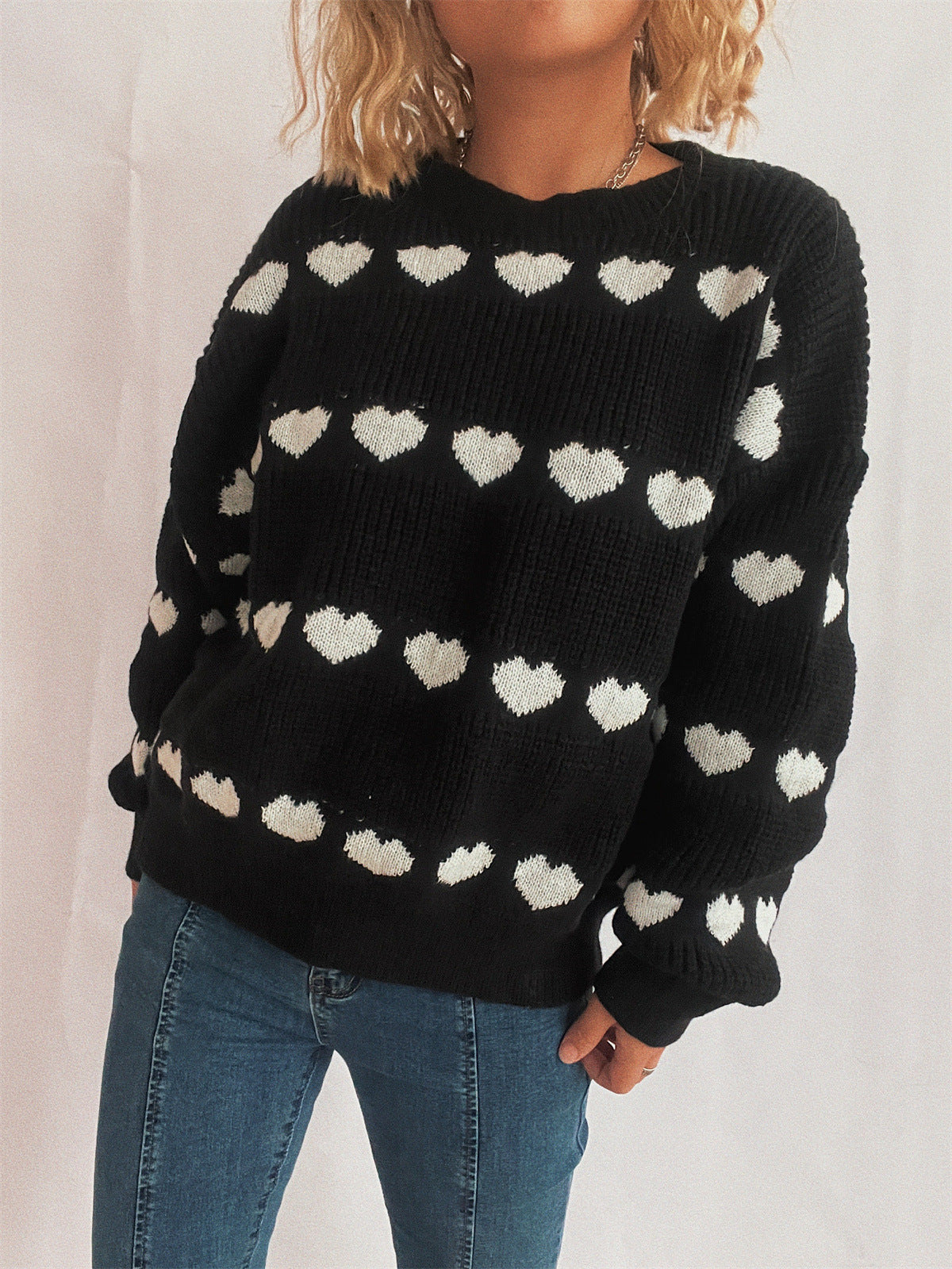 Damen Pullover Romantisches Herzmuster Kuschelfleece