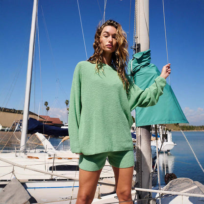 Damen Strick-Set Oversized Pullover Kurze Hose Grau Eveloria