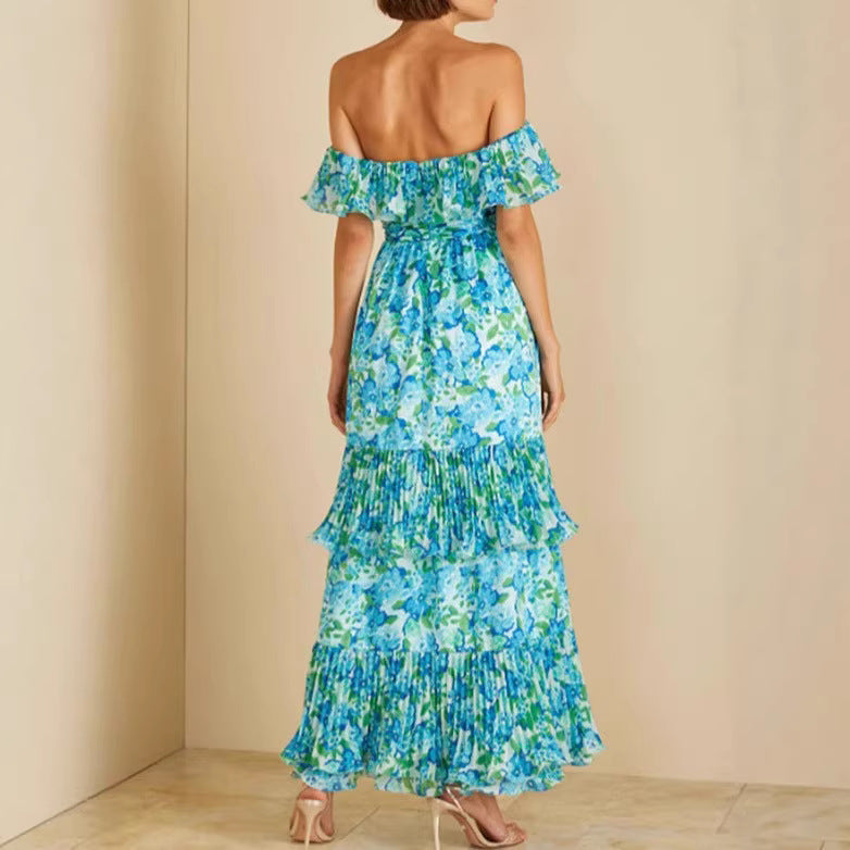 Damen Maxi-Kleid Voluminöse Rüschen Florales Design