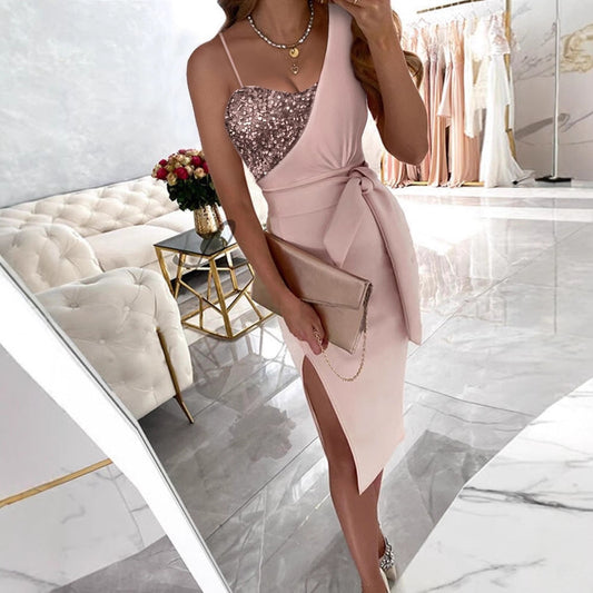 Damen Cocktailkleid Schimmernde Oberseite Wickelgürtel Eveloria - Eveloria