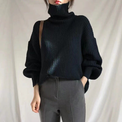 Damen Grobstrickpullover Hoher Kragen Voluminöse Ärmel