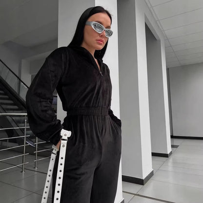 Damen Fleece-Overall Reißverschluss Kapuze Eveloria