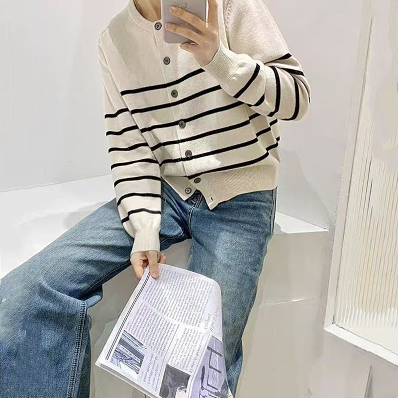 Damen Strickcardigan Klassische Streifen Knöpfe Beige