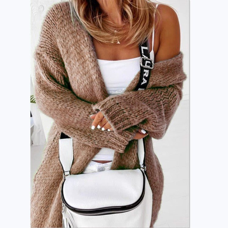Damen Strickcardigan Offen Luftige Maschenstruktur Große Ärmel Beige - Eveloria