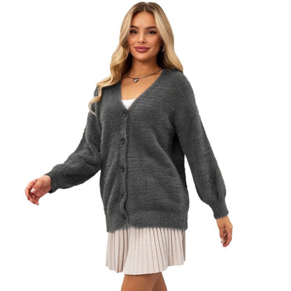 Damen Strickjacke Flauschig V-Ausschnitt Knöpfe