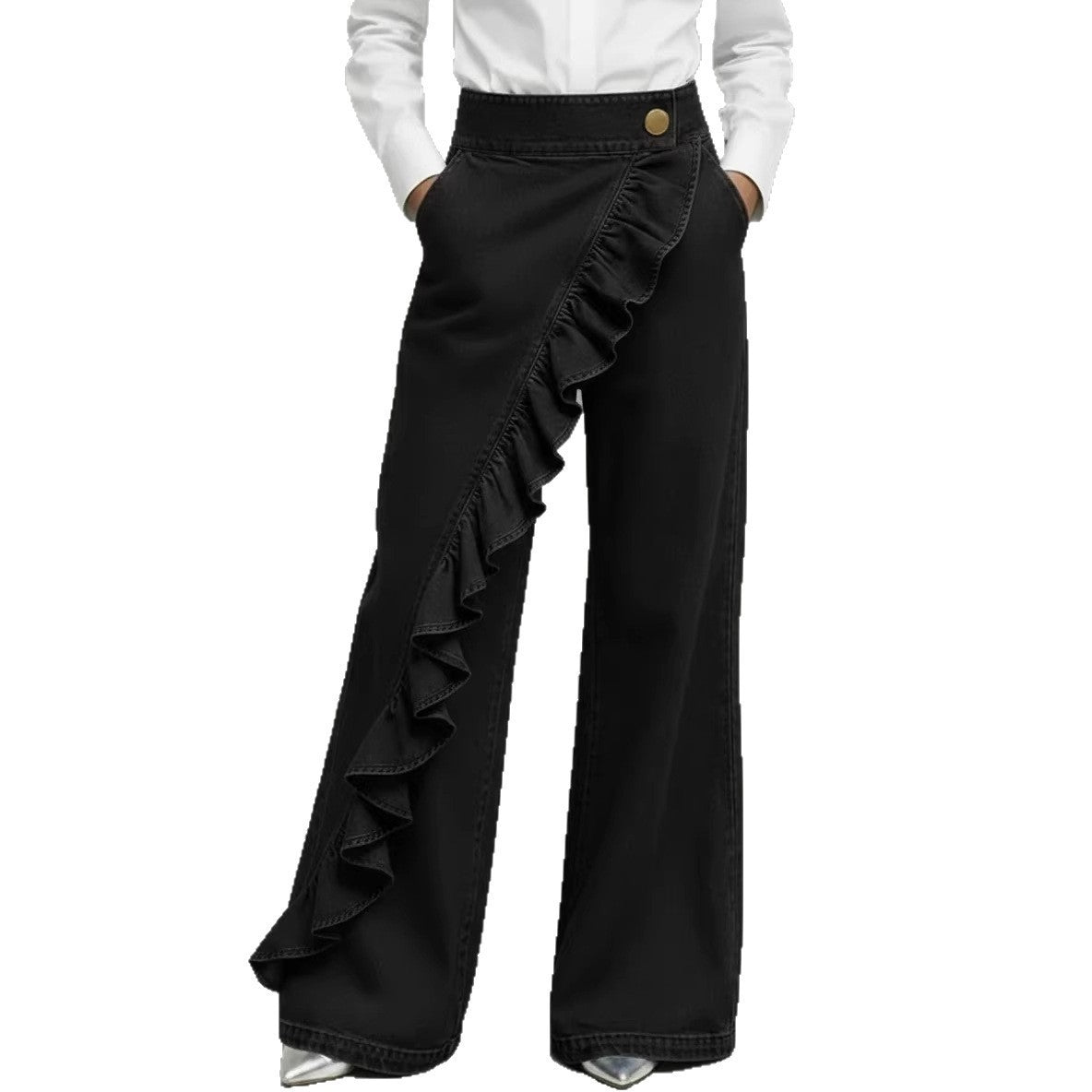 Damen Weite Jeanshose Rüschendetail Eveloria