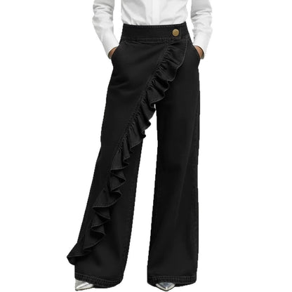 Damen Weite Jeanshose Rüschendetail Eveloria