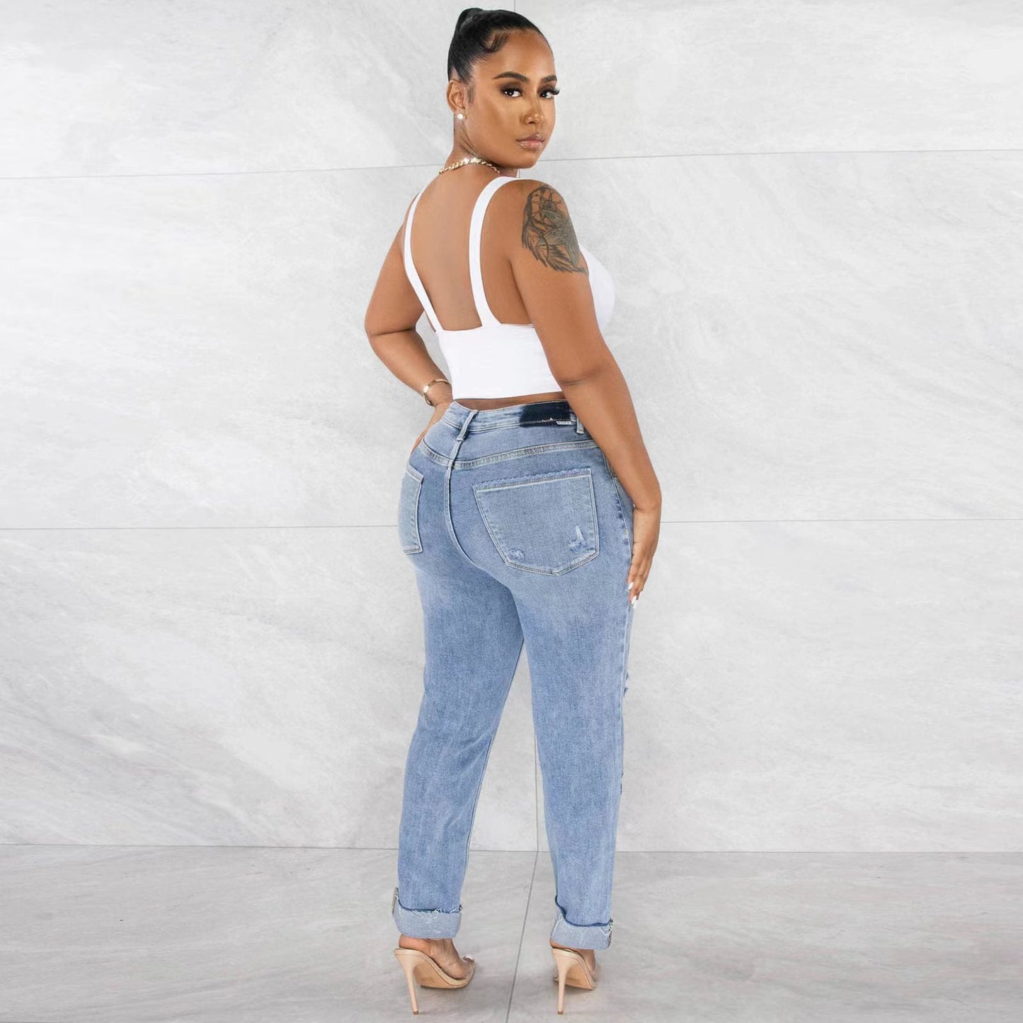 Damen Ripped Boyfriend Jeans Hochbund Lässig Blau Eveloria