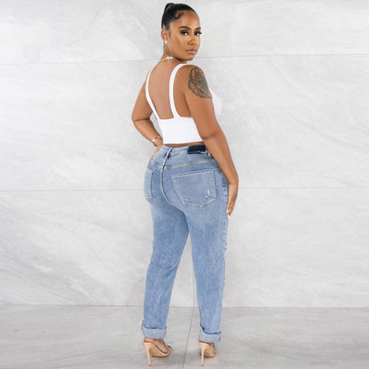 Damen Ripped Boyfriend Jeans Hochbund Lässig Blau Eveloria