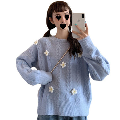 Damen Grobstrickpullover Blumenapplikationen Eveloria