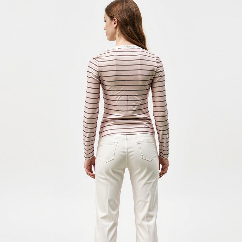 Damen Langarmshirt Gestreift mit Rüschendetails Eveloria
