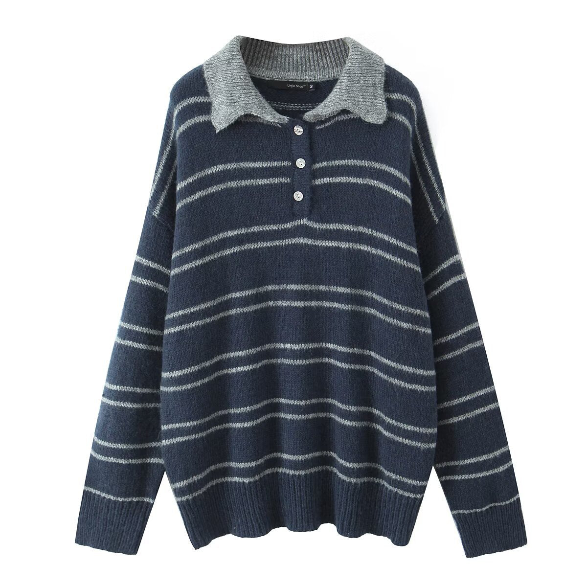 Damen Pullover Kontrastkragen Modern Streifen Grau Eveloria