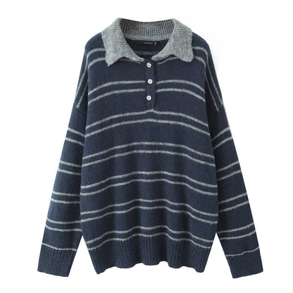 Damen Pullover Kontrastkragen Modern Streifen Grau Eveloria