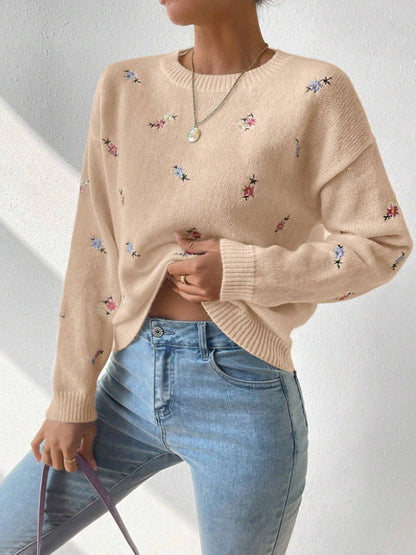Damen Pulli Floral Stickerei Lässig Eveloria