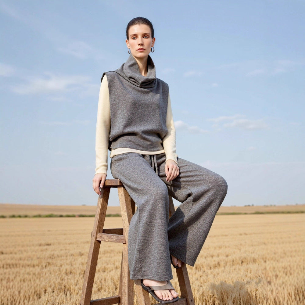 Damen Strickpullover Hohem Kragen Weite Ärmel Beige