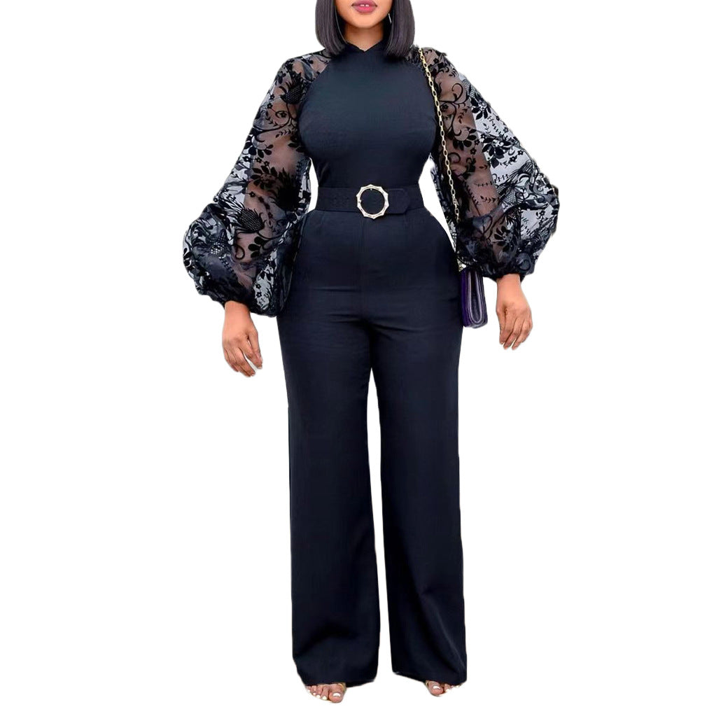 Damen Jumpsuit Puffärmel Taillengürtel Eveloria