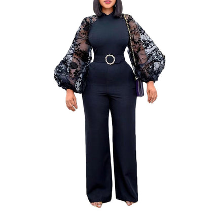 Damen Jumpsuit Puffärmel Taillengürtel Eveloria