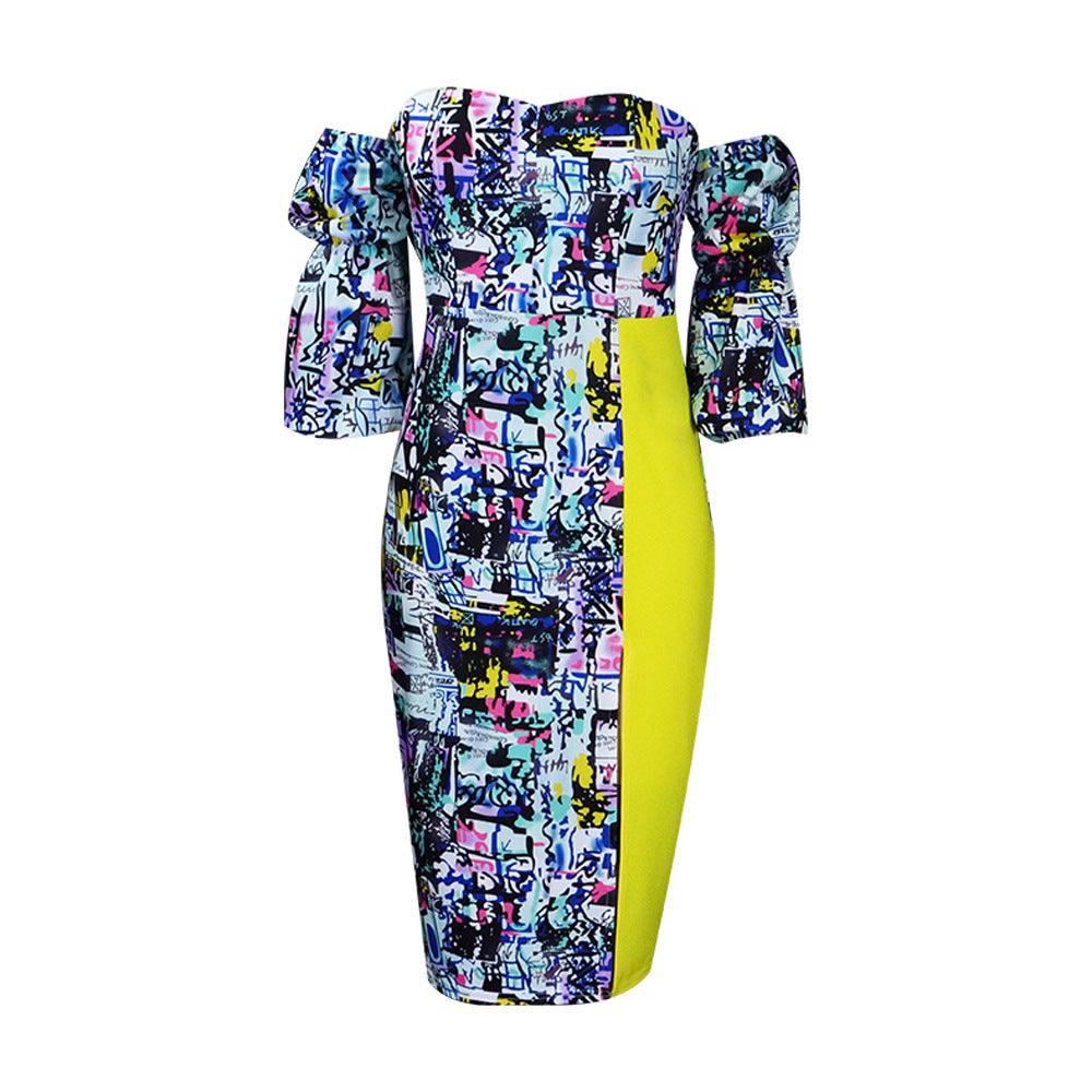 Damen Off-Shoulder Kleid Weite Ärmel Graffiti Muster