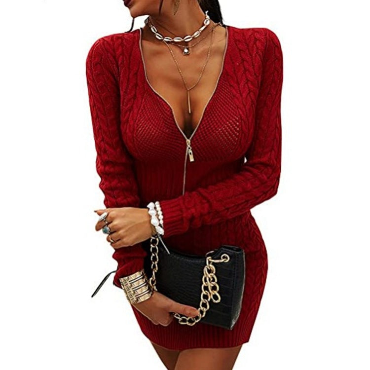 Damen Strickkleid Reißverschluss Zopfmuster Eveloria