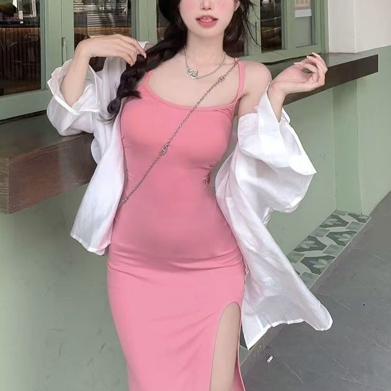 Damen Midi-Kleid mit Spaghetti-Trägern und hohem Schlitz Eveloria