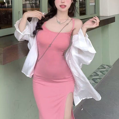 Damen Midi-Kleid mit Spaghetti-Trägern und hohem Schlitz Eveloria