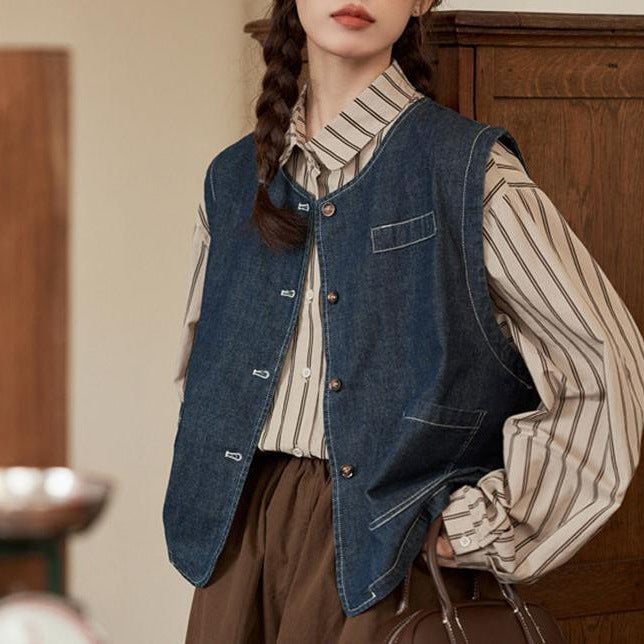 Damen Denimweste Mit Knopfverschluss Und Taschen Blau Eveloria - Eveloria